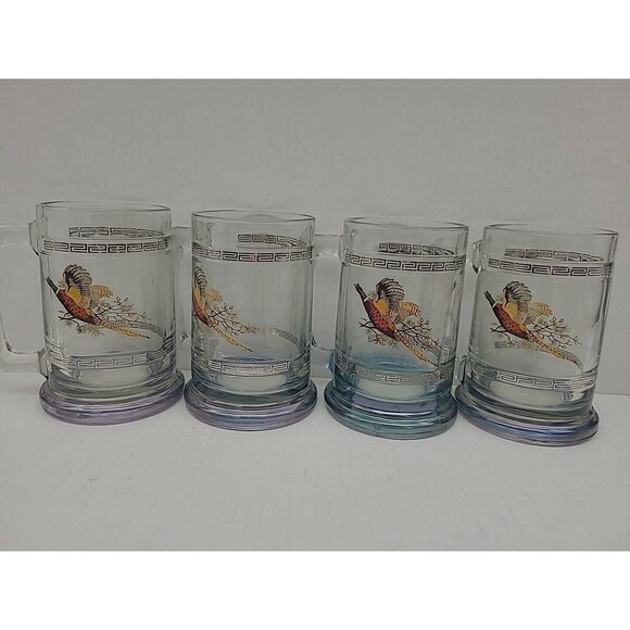 Set 4 Glass Beer Mug Stein Pheasant Bird Gold Accent Blue Tint 12 Oz - Picture 1 of 10